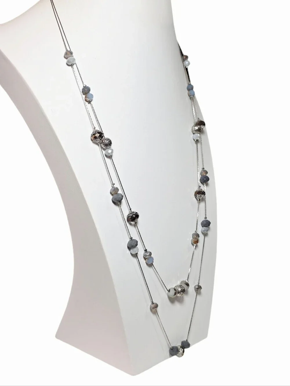 Multi-Tone Faceted Gray & Iridescent & Silver Bead Two Strand Long Necklace